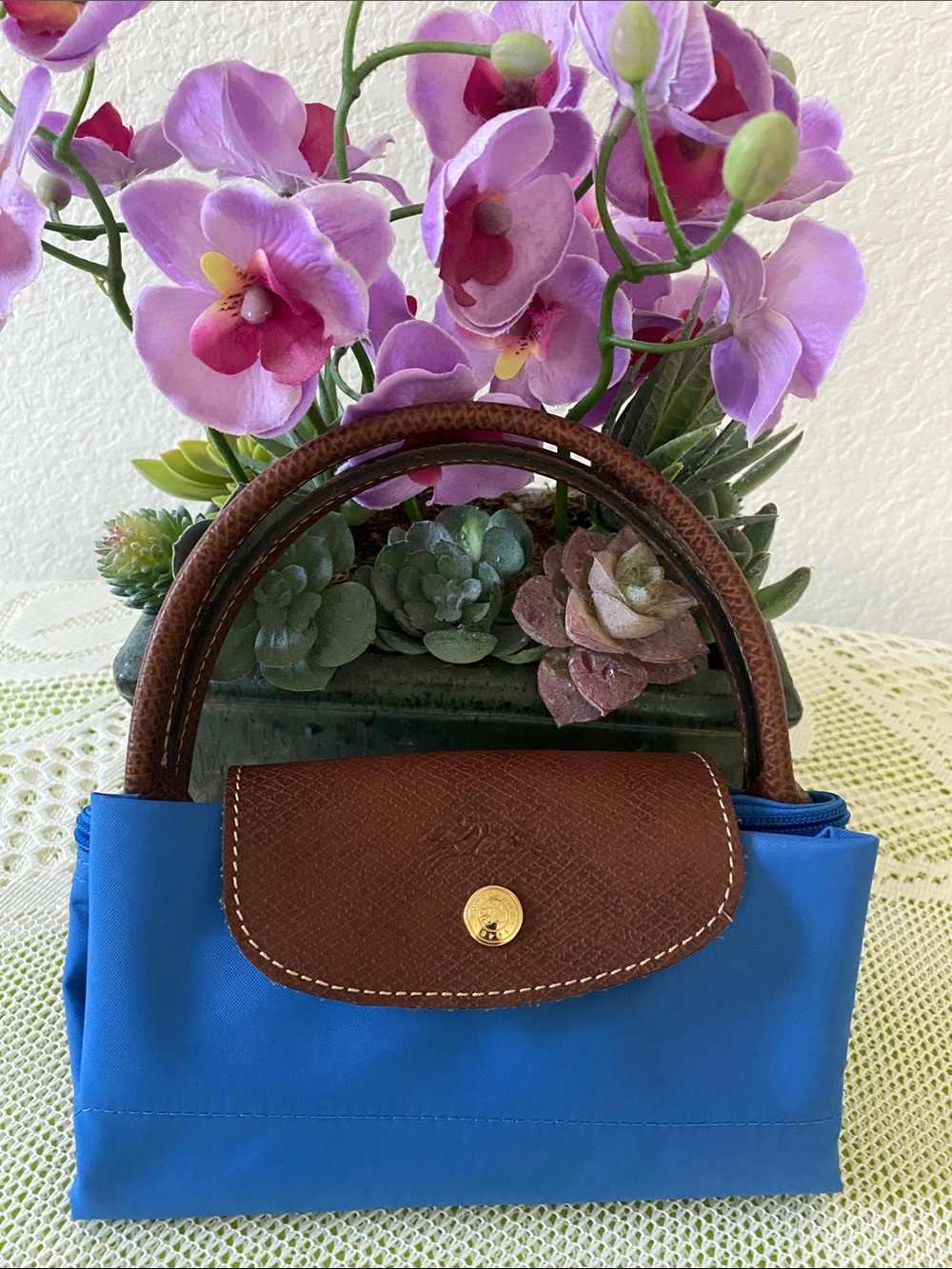 Longchamp - Small Blue Nylon Tote with Brown Leather Trim - Picture 2 of 8